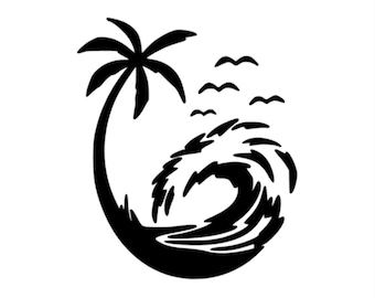 Palm Trees with Wave - Vinyl Decal - Custom Sizes and Several Colors Available