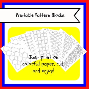 May include: Printable pattern blocks for children. The image shows 7 different black and white patterns on white paper. The text on the image says "Printable Pattern Blocks" and "Just print on colourful paper, cut, and enjoy!"