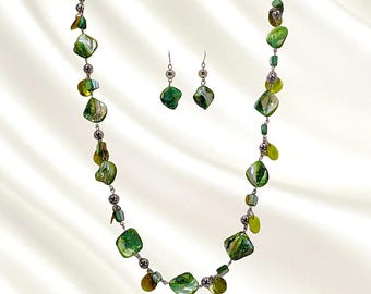 Green color shell bead necklace and earring set with silver beads, hand linked long fashion statement.
