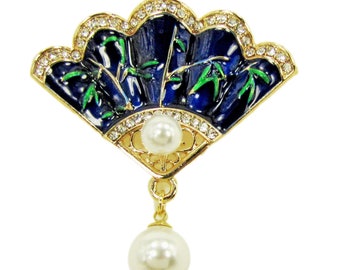 Blue enamel fan pin brooch designed with beautiful blue enamel, clear crystal trim, and white faux pearls. Vintage inspired fan design.