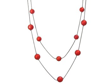 Red beaded multi row layered necklace designed with red matte finish beads attached to a dark gray hematite finish snake chain.