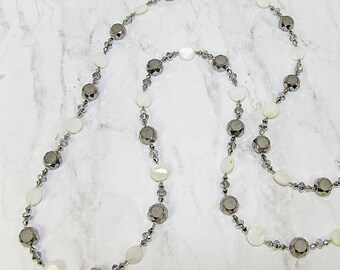 White Shell and Grey Glass Beaded Long Necklace Designed with Flat Polished Shell Beads and Facet Cut Glass Beads. 43 inches.