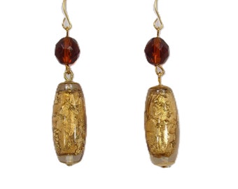 Gold leaf resin beaded earrings with brown facet cut glass beads.