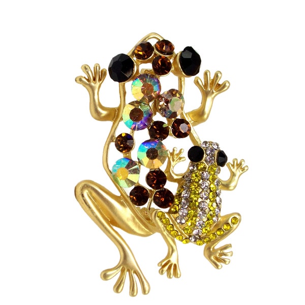 Double Frog Pin Brooch Created with Sparkling Brown and Topaz Crystals in a Matte Gold Plated Finish, Frog Crystal Jewelry Pin Brooch