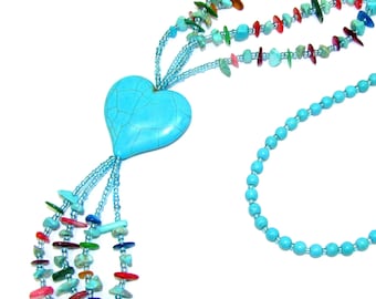 Turquoise Heart Stone Necklace with Multi Color Stones and stone beaded tassel. Large turquoise heart pendant.