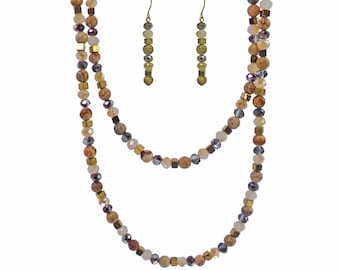 Double strand necklace and earrings set with a mix of stone, glass, and metal beads. It combines a mix of brown, beige, grey and gold tones.
