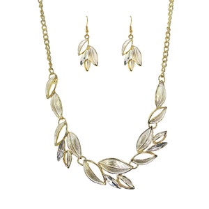 Silver and gold color leaf necklace and earring set with silver enamel and crystals applied to the leaves and gold plating around each leaf