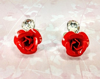 Large red rose enamel earrings with clear crystal tear drop top,  Carved metal rose earrings with red enamel and clear crystal.