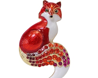 Broche de zorro rojo con esmalte rojo y blanco y cristales multicolores. Precioso broche de joyería con forma de zorro.