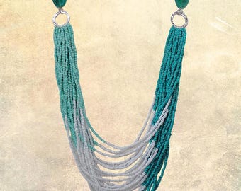 Turquoise Multi Strand Necklace with Stones, Boho Chic Seed Bead Statement Necklace, Layered Summer Coastal Boutique Jewelry Necklace