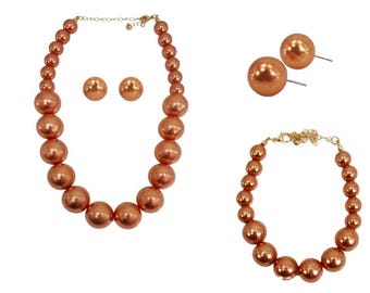 Brown Pearl-Style Jewelry Set, Acrylic Beaded Necklace Bracelet Earrings Gold Plated Dressy Elegant Statement