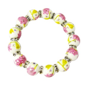 Pulsera elástica con cuentas de flores rosas y amarillas de porcelana y pulsera elástica con cuentas de cristal, pulsera elástica floral con flores y cristales rosas de porcelana