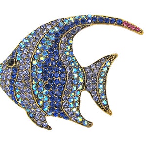 Tropical crystal fish pin brooch with dark and light blue sparkling crystals.  Ocean theme fish pin.