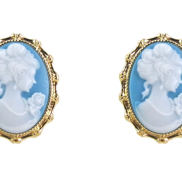 Elegant blue and white oval cameo earrings in a gold frame setting  Victorian earrings, romantic earrings, vintage style cameo earrings.
