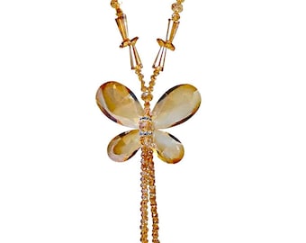 Beige Color Glass Beaded Butterfly Necklace, Long Statement Tassel Necklace for Women, Boho Butterfly Jewelry, Bold Colorful Gift for Her