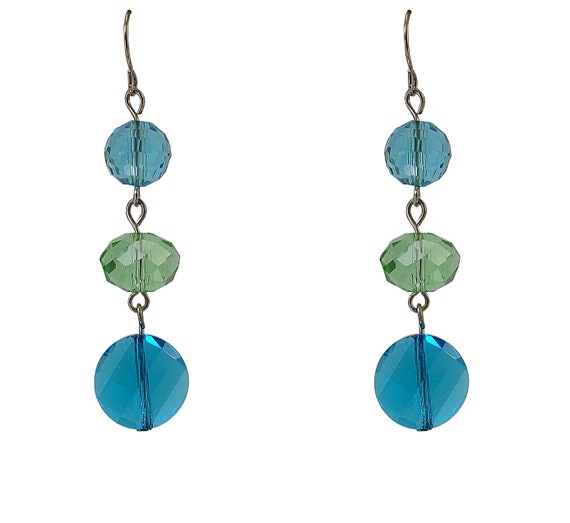 Blue and Green Glass Beaded Earrings With Three Glass