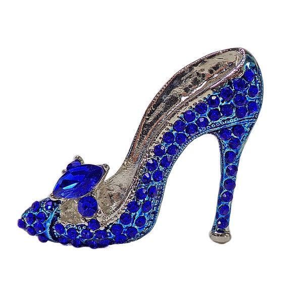 Blue crystal high heel shoe pin brooch with all blue crystals.  Stiletto high heel pin with blue crystals and enamel.