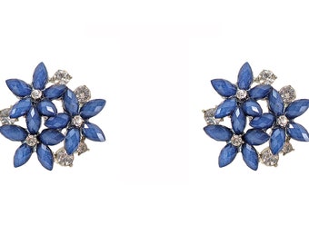 Blue crystal flower earrings created with layers of round blue color crystals in a silver plated setting.  Blue flower jewelry earrings.