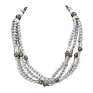 Gray pearl multi strand statement necklace with round gray acrylic pearls and gray black diamond glass beads. Created with 4 rows of beads