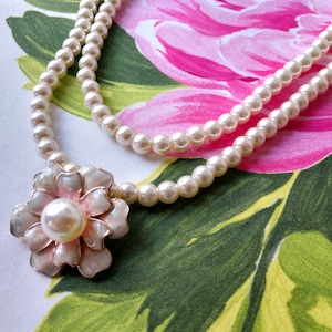 Double Row Pearl Necklace with Large Enamel Flower Pendant, White Pearl Necklace with Flower Enhancer Pendant