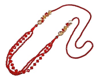 Elegante collana lunga con perline di vetro rosso – Collana multifilo da 35" con accenti di cristallo di topazio dorato – Gioielli eleganti e formali per donna