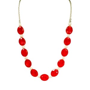 Red glass and white pearl beaded necklace designed with oval and round glass beads.