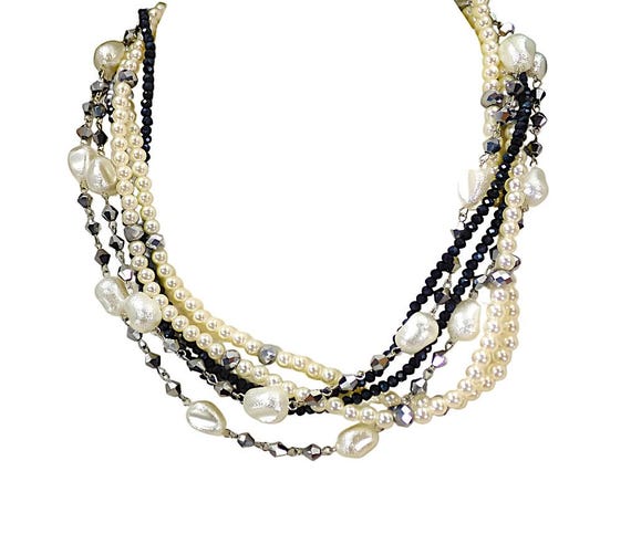 Avalaya Collana A Due File Con Perle Di Vetro Bianche E Perline Di Cristallo Nero, Chiusura Argento