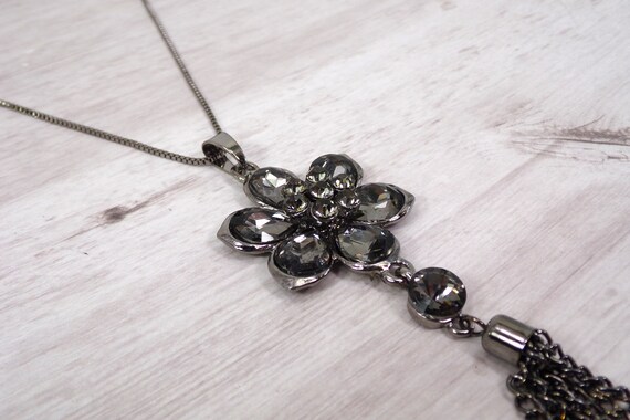 Gray Crystal Flower Tassel Necklace Made With Teardrop and