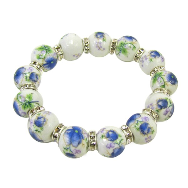 Blue and green floral genuine porcelain bead and crystal stretch bracelet,  Floral stretch bracelet with Porcelain blue flowers and crystals