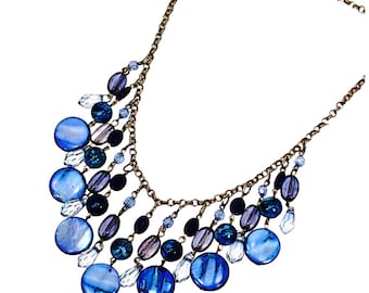 Blue shell fringe bead necklace .mixed with light and dark blue beads, trendy fashion jewelry