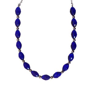 Blue and silver bead fashion necklace made with blue tube shape beads mixed with polished silver plated beads.