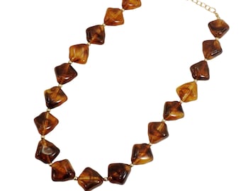 Brown Acrylic Beaded Necklace, Marble Swirl Organic Statement Jewelry, Gold Plated, Boho Chic