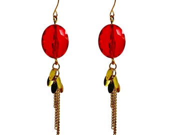 Red color glass bead earrings with a gold tassel chain, long fashion women's earrings.