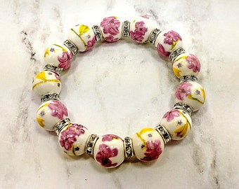Porcelain Pink and Yellow Flower Bead and Crystal Beaded Stretch Bracelet, Floral Stretch Bracelet with Porcelain Pink Flowers and Crystals
