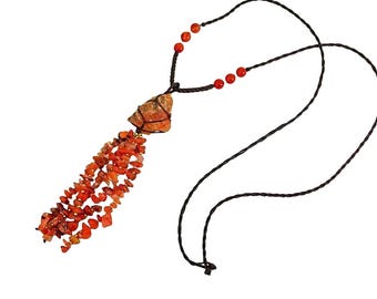 Red Jasper Tassel Necklace, Natural Gemstone Pendant, Long 30 Inch Boho Jewelry, Earthy Artisan Statement Necklace, Handmade Gift