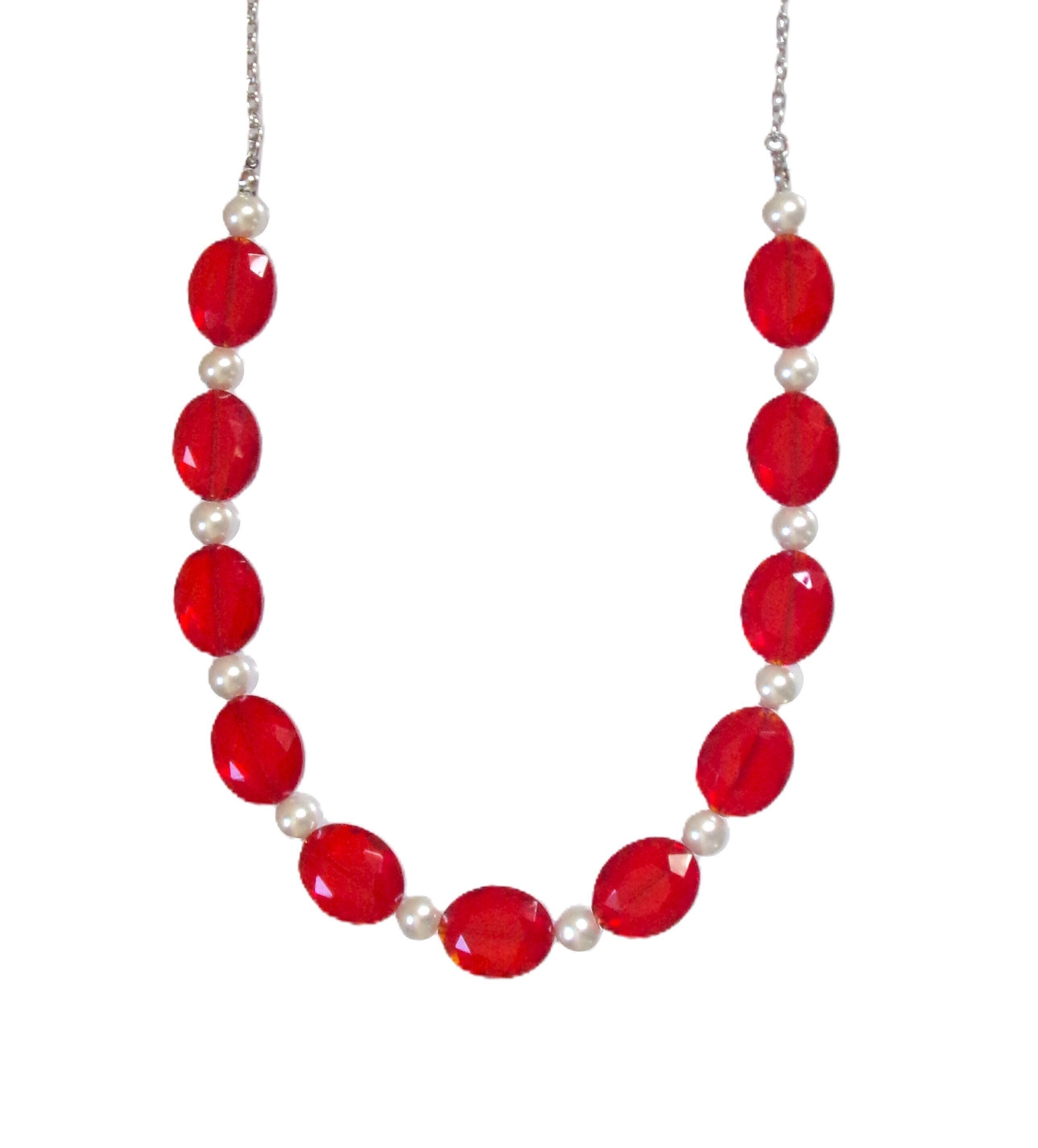 ★PEARLY MORE★ red beads necklace Red Glass and White Pearl Beaded Necklace Designed With Oval