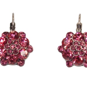 Pink crystal flower earrings with layers of round crystals in a silver plated setting.  Pink flower jewelry earrings.
