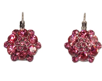 Pink crystal flower earrings with layers of round crystals in a silver plated setting.  Pink flower jewelry earrings.