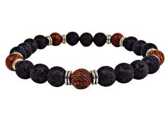 Black lava stone and brown wood bead stretch bracelet designed with 8 mm beads and mixed with silver spacer beads.