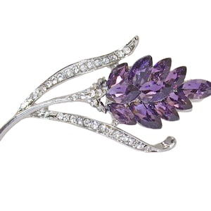 Purple crystal flower pin brooch with purple marquise crystals and all clear crystals on the branches  Purple fashion flower pin.