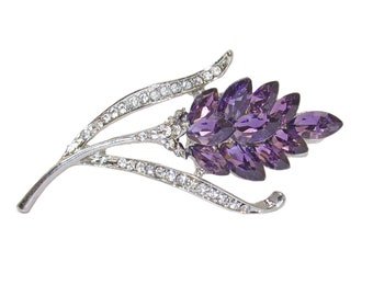 Purple crystal flower pin brooch with purple marquise crystals and all clear crystals on the branches  Purple fashion flower pin.