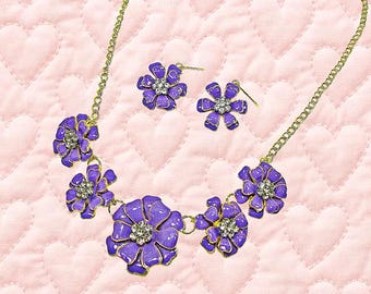 Purple Flower Necklace Set, Enamel Floral Jewelry with Crystal Centers, Feminine Gold Tone Necklace, Gift for Her, Spring Summer Jewelry