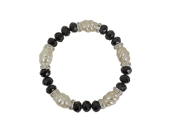 Bracciale elasticizzato con perline bianche e nere con perline di vetro nere sfaccettate, perline a spirale bianche, perline distanziatrici in cristallo. Bracciale con perline alla moda
