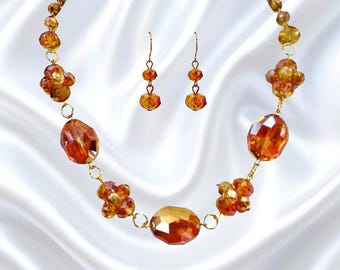 Orange Glass Bead Necklace and Earring Set, Aurora Borealis Crystal Jewelry, Statement Necklace, Elegant Evening Jewelry Set