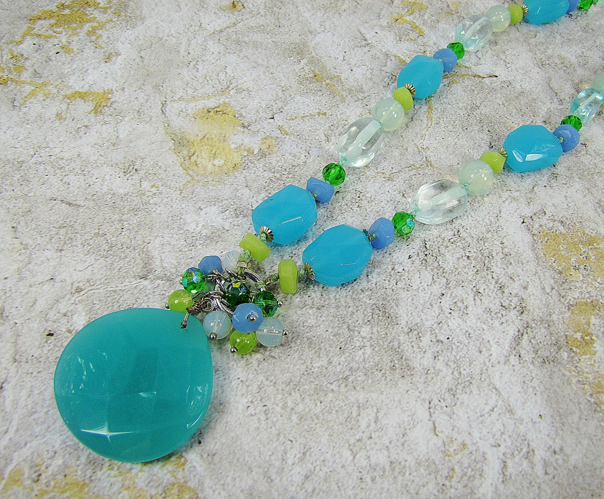 Turquoise Long Glass Beaded Pendant Necklace In Turquoise Etsy
