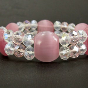 Pretty Pink Glass and Pink Cat Eye Stone Stretch Bracelet, Pink Stretch Bracelet with smooth finish cat eye and facet cut glass beads.
