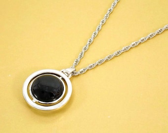 Black and Silver Disk Pendant Necklace with Center Piece that Spins Around on a Rope chain, 1.50" fashion trendy pendant.
