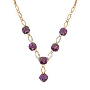 Purple and clear crystal necklace designed in a Y necklace shape with purple cushion cut shape crystals.