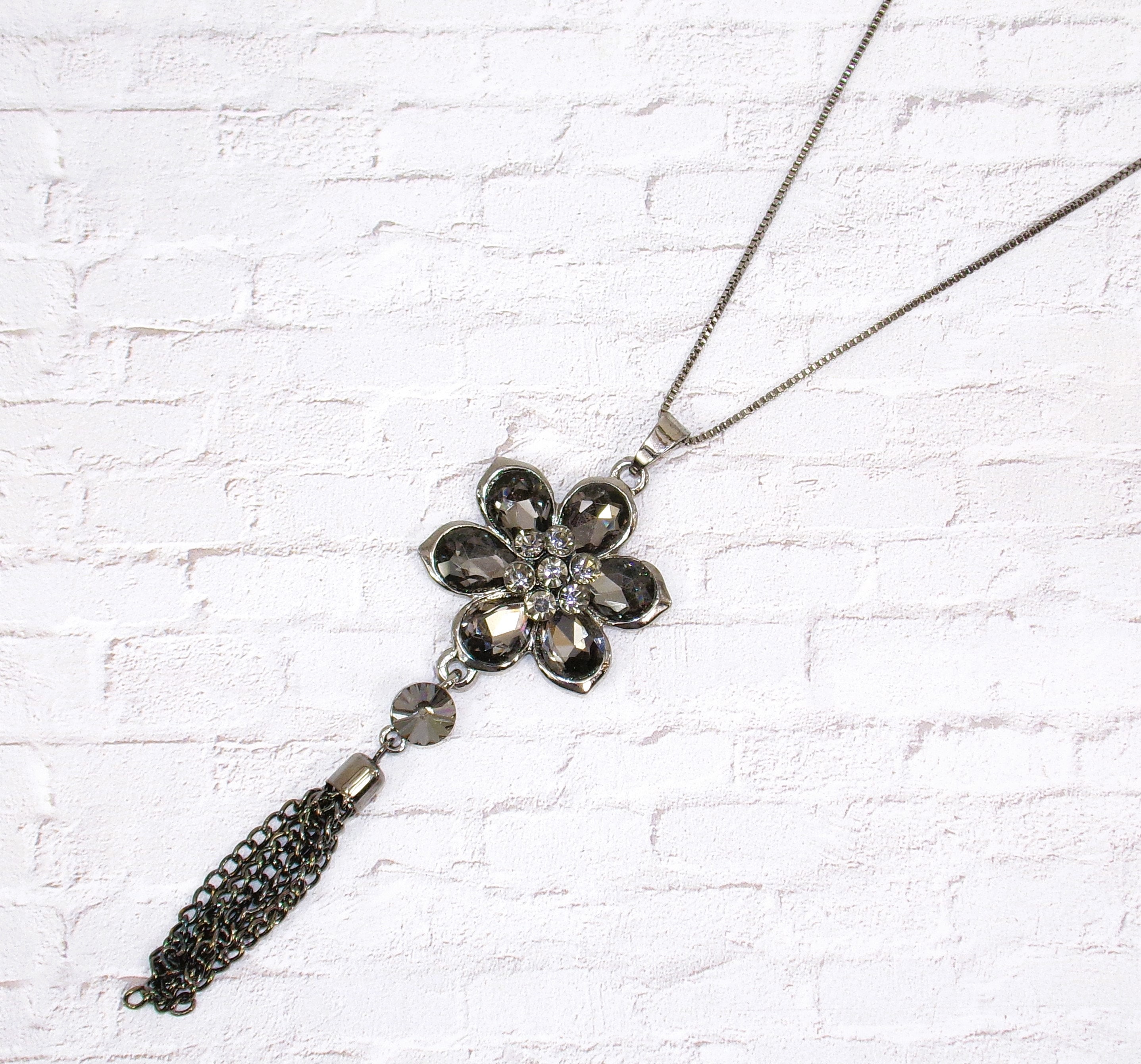 Gray Crystal Flower Tassel Necklace Made With Teardrop and