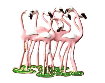 Pretty pink flamingo pin brooch created with multiple flamingos in a pink and white enamel colors